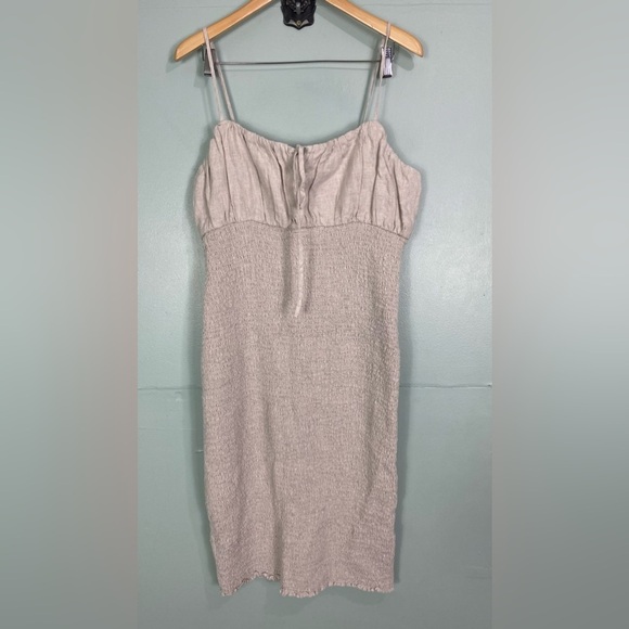 J Crew Smocked Linen Midi Dress Beige Gray BI587 Sleeveless Sz 16 - Picture 2 of 6